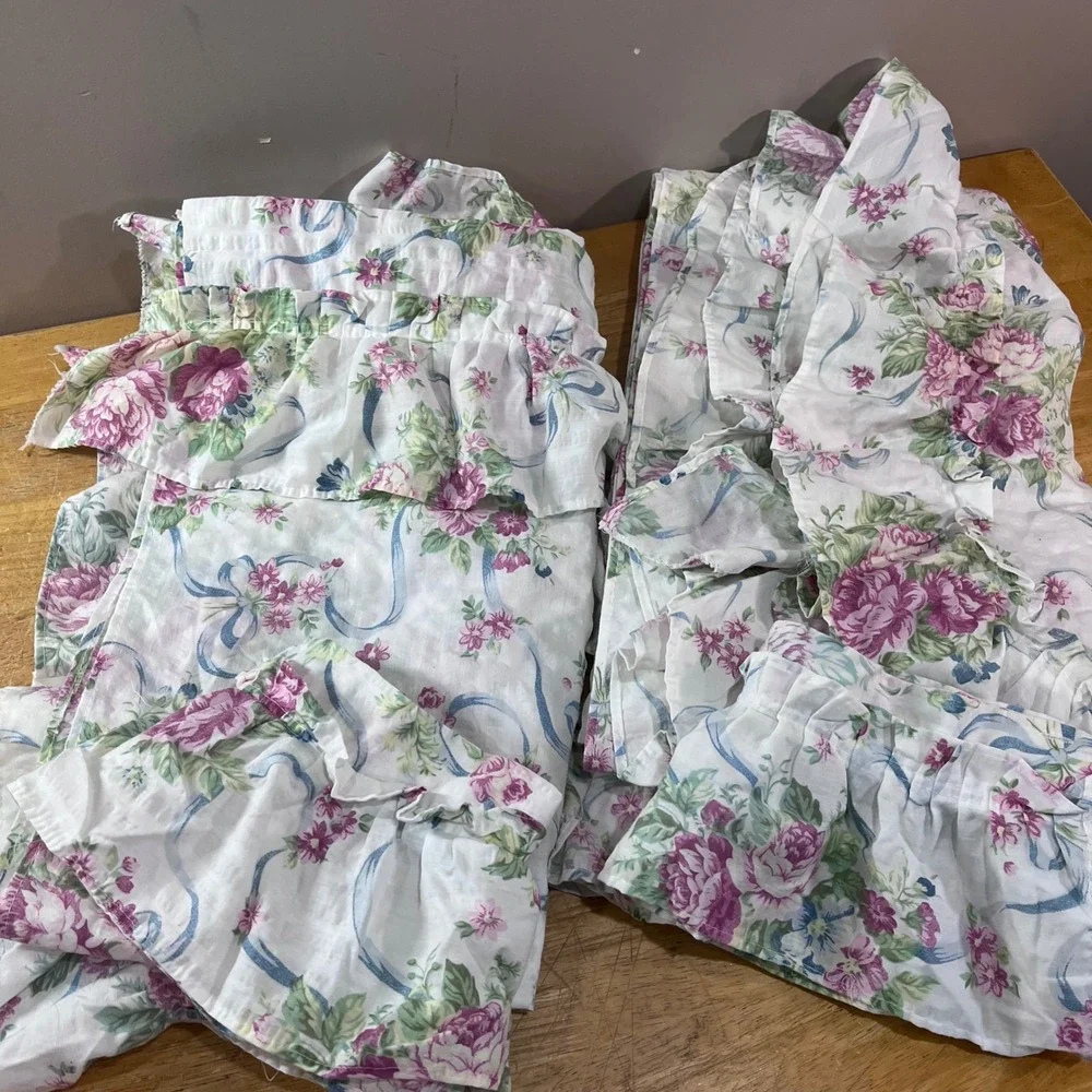 Vtg Floral Rose Ribbon Ruffle Curtain Panels Set 2 42x84 Tie Backs Cottagecore